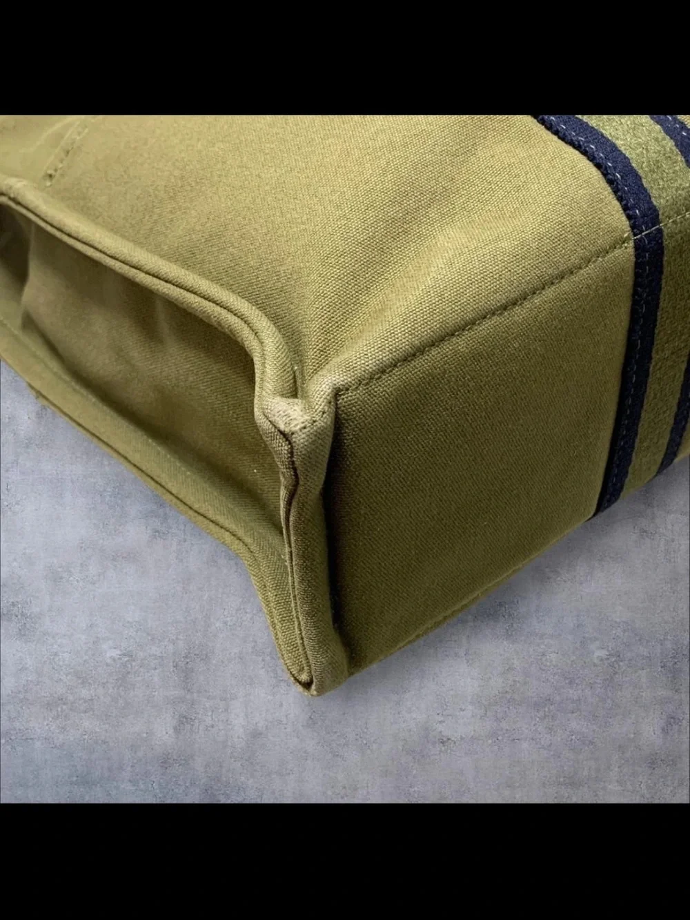 Hermes Olive Green Canvas Tote with Navy Stripe Handles